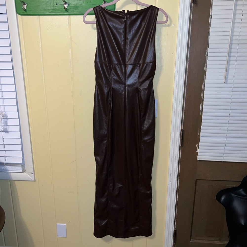 House of CB Brown Vegan Leather Sleeveless Maxi Dress Slit Back Bodycon Size L - Picture 6 of 11